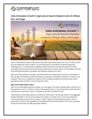 6-India Anticipates Growth In Agricultural Exports Despite Curbs On Wheat, Rice, and Sugar