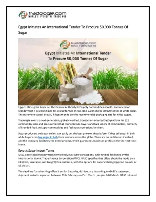 9-Egypt Initiates An International Tender To Procure 50,000 Tonnes Of Sugar