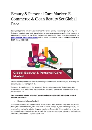 Beauty and Personal Care Market: Clean Beauty set Global Pace