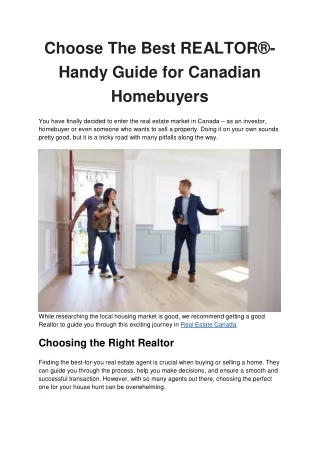 Choose The Best REALTOR®- Handy Guide for Canadian Homebuyers