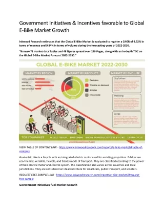 Government Initiatives & Incentives favorable to Global E-Bike Market Growth