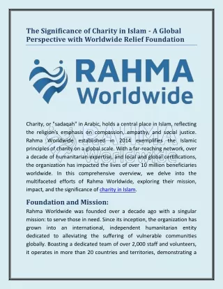 The Significance of Charity in Islam - A Global Perspective with Worldwide Relief Foundation