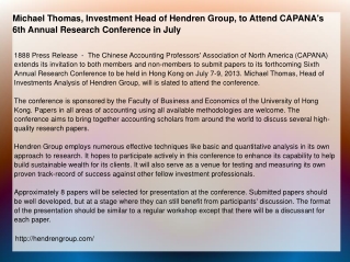 Michael Thomas, Investment Head of Hendren Group, to Attend