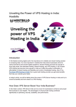 Unveiling the Power of VPS Hosting in India; Hostbillo