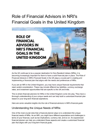 Role of Financial Advisors in NRI's Financial Goals in the United Kingdom