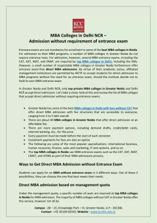 MBA Colleges in Delhi NCR – Admission without requirement of entrance exam