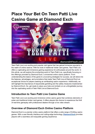 Place Your Bet On Teen Patti Live Casino Game at Diamond Exch