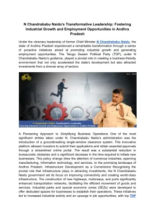 N Chandrababu Naidu's Transformative Leadership Fostering Industrial Growth and Employment Opportunities in Andhra Prade