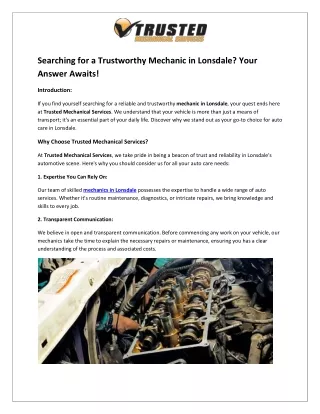 Searching for a Trustworthy Mechanic in Lonsdale? Your Answer Awaits!