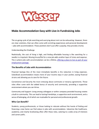 Make Accommodation Easy with Live-in Fundraising Jobs - Wesser