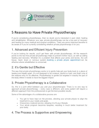 5 Reasons to Have Private Physiotherapy - Chase Lodge Hospital