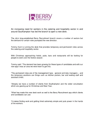 Jobs in the Catering and Hospitality Sector - Berry Recruitment