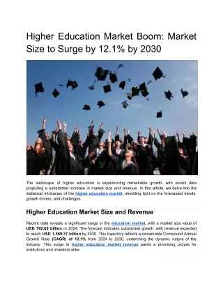 Higher Education Market Boom Market Size to Surge by 12.1% by 2030