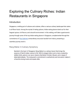 Exploring the Culinary Riches- Indian Restaurants in Singapore