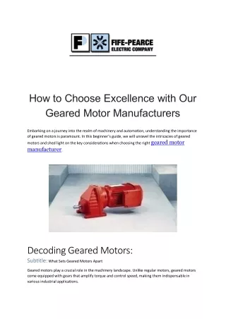 How to Choose Excellence with Our Geared Motor Manufacturers