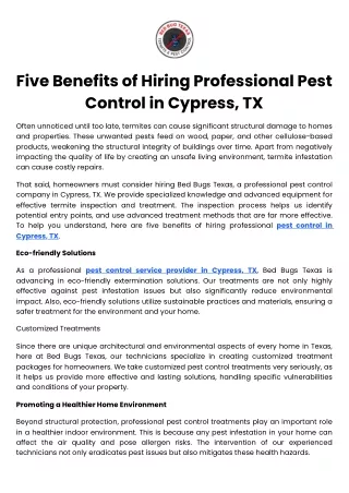Five Benefits of Hiring Professional Pest Control in Cypress, TX