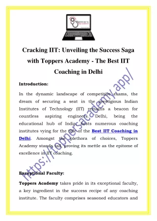 Best IIT Coaching in Delhi |Call- 07827048964|Toppers Academy