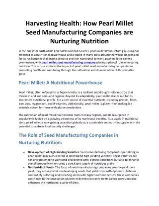Harvesting Health: How Pearl Millet Seed Manufacturing Companies are Nurturing N