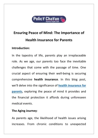 Ensuring Peace of Mind: The Importance of Health Insurance for Parents