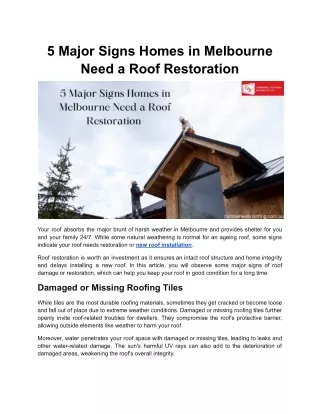 5 Major Signs Homes in Melbourne Need a Roof Restoration