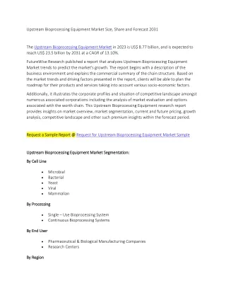 Upstream Bioprocessing Equipment Market Size, Share and Forecast 2031