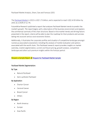 Paclitaxel Market Analysis, Share, Size and Forecast 2031