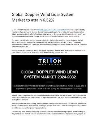 Global Doppler Wind Lidar System Market to attain 6.52%