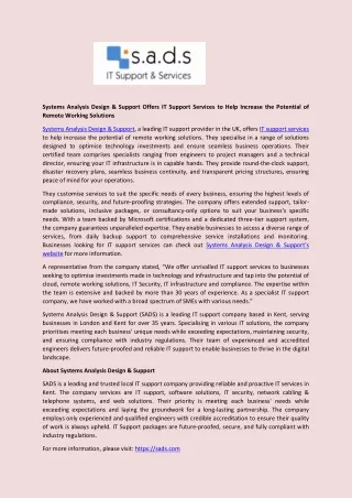 Systems Analysis Design & Support Offers IT Support Services to Help Increase the Potential of Remote Working Solutions