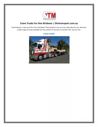 Crane Trucks For Hire Brisbane | Otmtransport.com.au