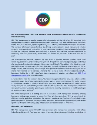 CDP Print Management Offers CDP Storefront Stock Management Solution to Help Revolutionise Business Efficiency