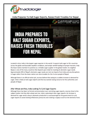 India Prepares To Halt Sugar Exports, Raises Fresh Troubles For Nepal