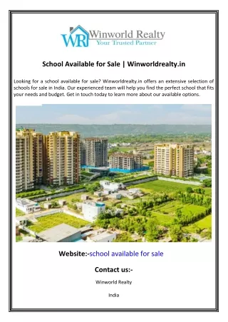 School Available for Sale  Winworldrealty.in