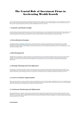 The Crucial Role of Investment Firms in Accelerating Wealth Growth - Joseph Stone Capital