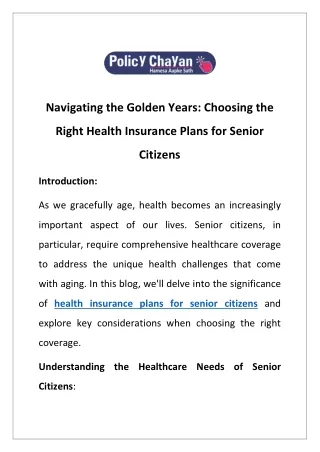 Navigating the Golden Year Choosing the Right Health Insurance Plans for Senior Citizens