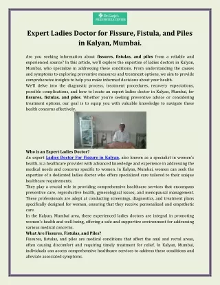 Expert Ladies Doctor for Fissure, Fistula, and Piles in Kalyan, Mumbai.