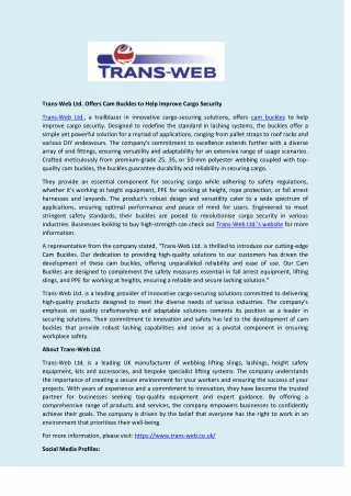 Trans-Web Ltd. Offers Cam Buckles to Help Improve Cargo Security