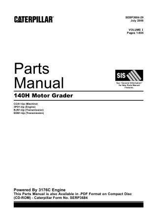 Caterpillar CAT 140H Motor Grader Parts Catalogue Manual