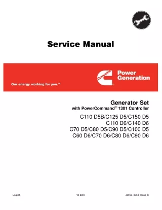 Cummins Onan C70 D5 Generator Set with PowerCommand 1301 Controller Service Repair Manual