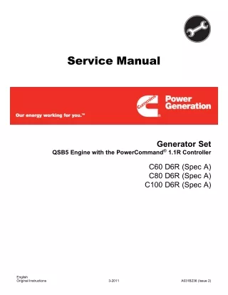 Cummins Onan C100 Generator Set QSB5 Engine with the PowerCommand 1.1R Controller Service Repair Manual