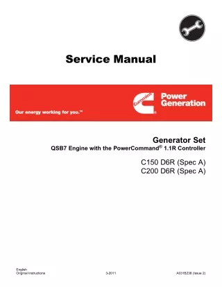 Cummins Onan C150 Generator Set QSB7 Engine with the PowerCommand 1.1R Controller Service Repair Manual