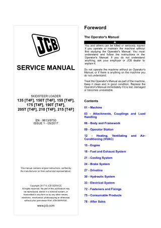 JCB 190T [T4F] Skid Steer Loader Service Repair Manual SN 2201002 and up