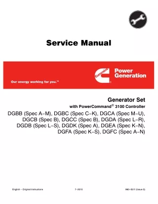 Cummins Onan DGBB Generator Set with Power Command 3100 Controller Service Repair Manual