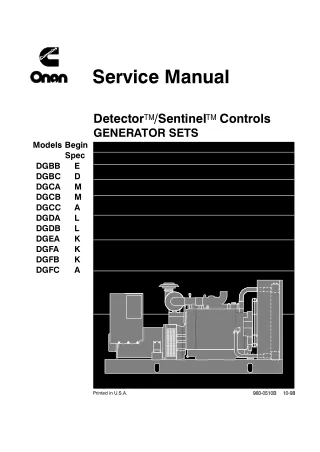 Cummins Onan DGCB Detector  Sentinel Control Generator Set Service Repair Manual