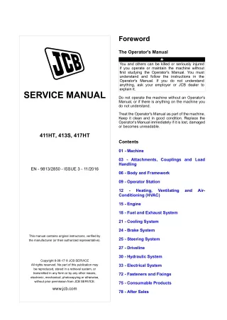 JCB 411HT, 413S, 417HT Wheel Loader Service Repair Manual From 2095872 To 2096872