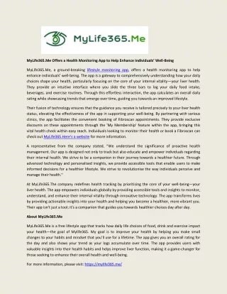 MyLife365.Me Offers a Health Monitoring App to Help Enhance Individuals’ Well-Being