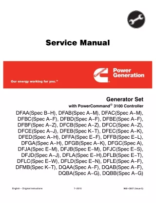 Cummins Onan Generator Set with Power Command 3100 Controller Model (DFAA ) Service Repair Manual