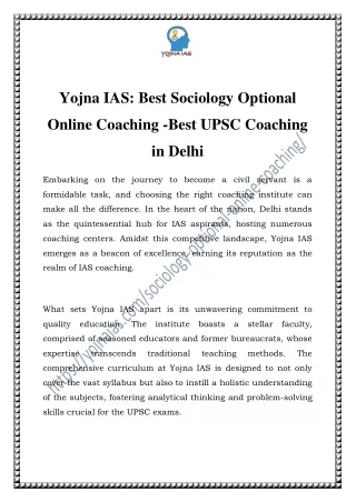 Best Sociology Optional Online Coaching |Call-8595390705 |Yojna IAS