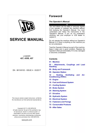 JCB 437 Wheel Loader Service Repair Manual (437 SN 22312947 and up)