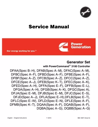 Cummins Onan Generator Set with Power Command 3100 Controller Model (DFCC ) Service Repair Manual