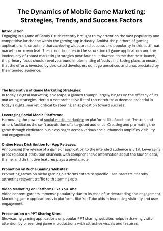 The Dynamics of Mobile Game Marketing Strategies, Trends, and Success Factors